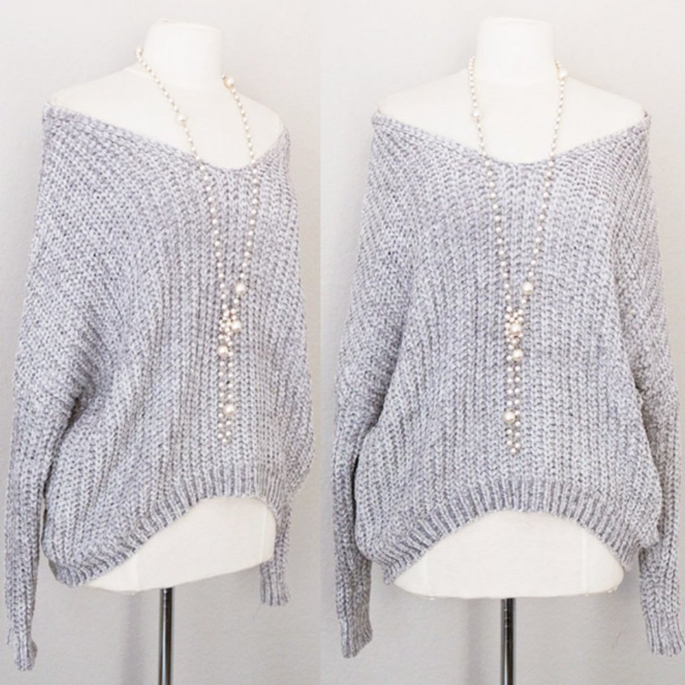 Pale Grey Off Shoulder Soft Chenille VNeck Sweater - Picture 2 of 8